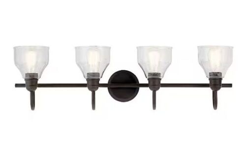 KICHLER Avery 33.25 in. 4-Light Olde Bronze Vintage Bathroom Vanity Light with Clear Seeded Glass - Lot 259JF
