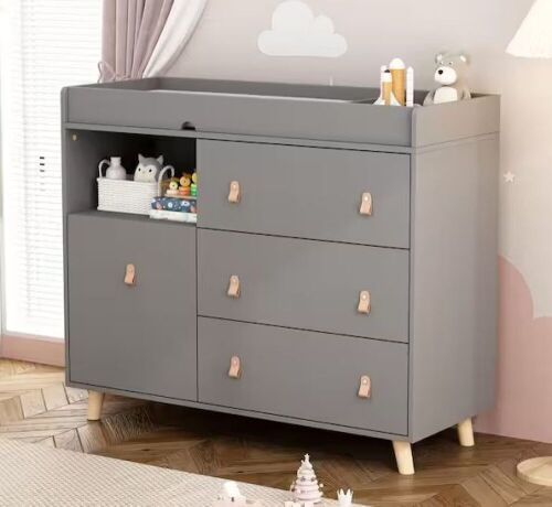 FUFU&GAGA 4-Drawer Gray Wood Kids Dresser Changing Table With Shelves 38 in. H x 45 in. W x 18 in. D - Lot 350WG