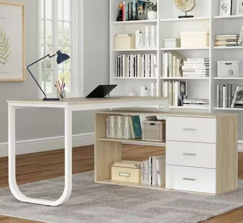 FUFU&GAGA 55.1 in. L-Shaped Oak and White Wood Corner Desk With 2-Tier Shelves and 3-Drawers - Lot 355WG