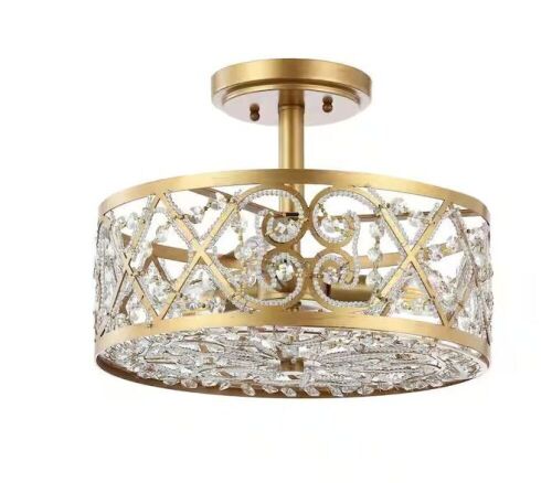 JONATHAN Y Leila 3-Light 13.25 in. Antiqued Gold Iron/Crystal Modern Glam LED Flush Mount - Lot 368JF