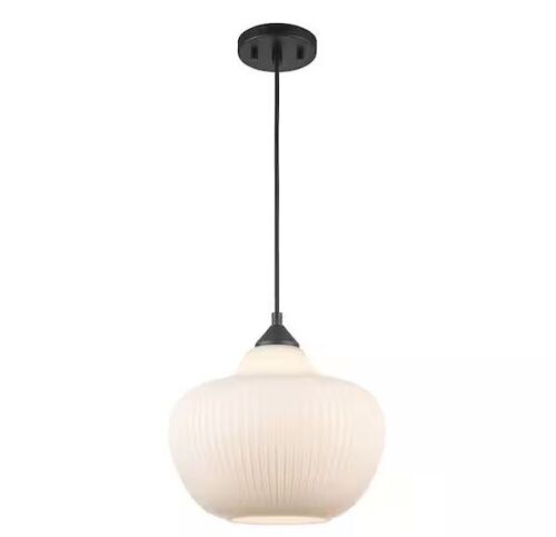 Home Decorators Collection Pompton 1-light Black Pendant Light Fixture with Ribbed Glass Globe Shade - Lot 456JF