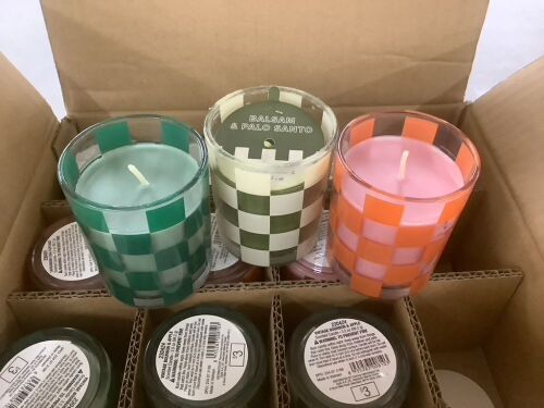 Case of (12) 3.5oz Checkered Glass Candles, Cardamom Chai Cupcake, Vintage Bourbon & Apple, Balsam & Palo Santo - Lot 600D