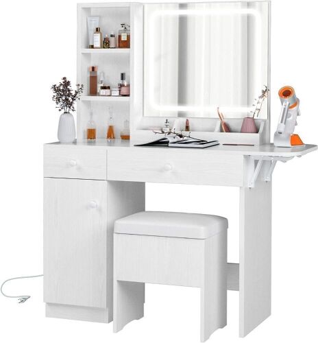  IRONCK Vanity Desk with LED Lighted Mirror & Power Outlet, Storage Stool - Lot 751WG