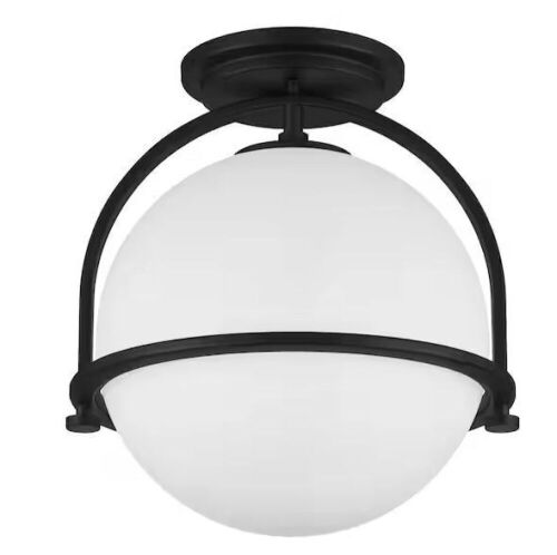 Home Decorators Collection Owens 11.25 in. 1-Light Matte Black Semi-Flush Mount Ceiling Light Fixture with White Glass Globe Shade - Lot 769JF