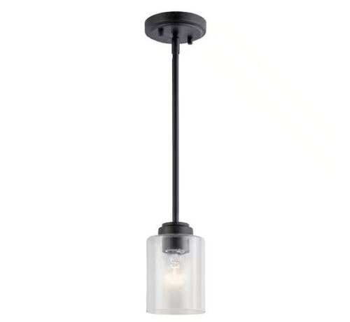 Lot of (2) KICHLER Winslow 1-Light Black Contemporary Shaded Kitchen Mini Pendant Hanging Light with Clear Seeded Glass - Lot 856JF