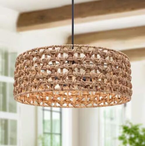 LNC Modern 5-Light Brown Natural Rattan Drum Chandelier with Matte Black Hardware  - Lot 178JF
