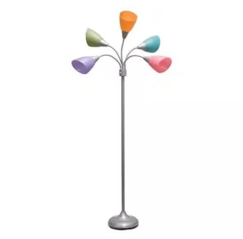 Simple Designs 67 in. 5-Light Adjustable Gooseneck Floor Lamp with Plastic Colored Shades - 1 Shade Cracked - Lot 244JF