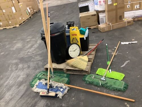 Lot of Trash Cans, Brooms, Wet Floor Sign, Clock, Dustpans  - Lot 248