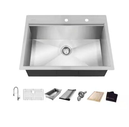Glacier Bay Zero Radius 32 in. Drop-In Single Bowl 18 Gauge Stainless Steel Workstation Kitchen Sink with Spring Neck Faucet - Lot 83JF