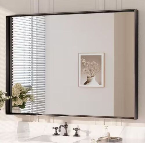 40 in. W x 30 in. H Rectangular Framed Aluminum Square Corner Wall Mount Mirror in Matte Black - Lot 225JF