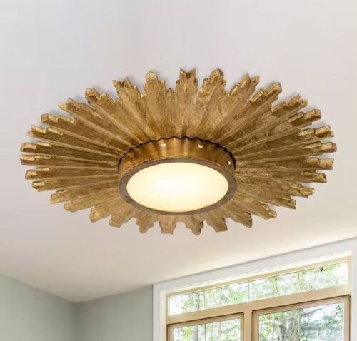 21.65 in. 16-Watt Integrated LED Gilt Wood Sunburst Flush Mount Ceiling Light Fixture - Lot 130JF