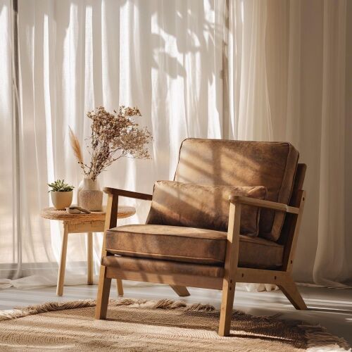 VINGLI Mid Century Solid Wood Modern Wide Armrests Accent Chair with Pillow - Lot 74