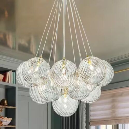 RRTYO Bolton 13-Light Modern Brushed Brass Sputnik Cluster Clear Swirled Glass Globe Bubble Chandelier - Lot 224JF