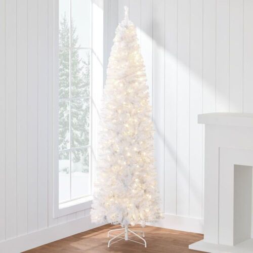 7.5' Pre-Lit White Pencil Christmas Tree w/ Metal Base, Incandescent Lights - Lot 516
