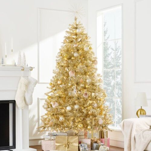 7.5' Prelit Gold Artificial Tinsel Christmas Tree w/ Foldable Stand - Lot 528