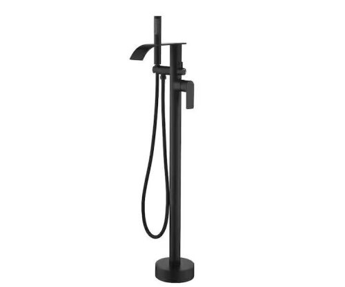 Single-Handle Waterfall Floor-Mount Roman Tub Faucet with Hand Shower in Matte Black - Lot 134JF