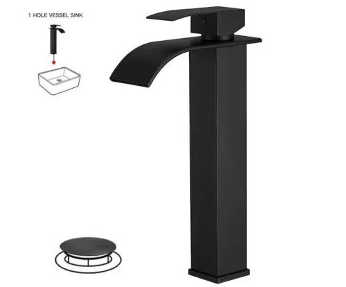 BWE Waterfall Single Hole Single Handle Tall Bathroom Vessel Sink Faucet With Supply Hose in Matte Black - Lot 435JF