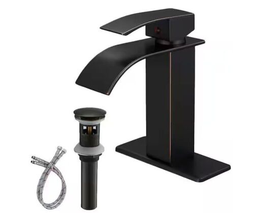 HOMEMYSTIQUE Single-Handle Waterfall Single Hole Low-Arc Bathroom Faucet with Pop-up Drain Assembly in Oil Rubbed Bronze - Lot 213JF