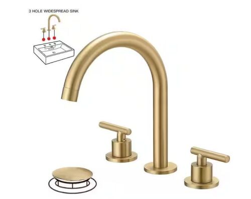 BWE 8 in. Widespread Double Handle High-Arc Bathroom Faucet Water-Saving With Drain Kit In Brushed Gold - Lot 214JF