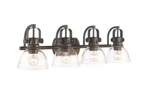Farmhouse Vintage Bath Light 31.3 in. 4-Light Oil Rubbed Bronze Vanity Light with Clear Glass Shade - Lot 439JF