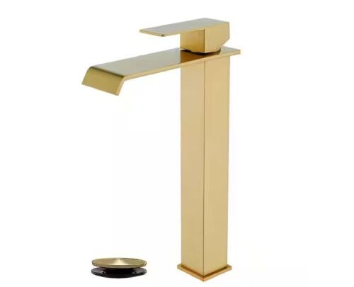 AIMADI Single Handle Waterfall Bathroom Vessel Sink Faucet with Pop-Up Drain Single Hole High Tall Vanity Taps in Brushed Gold - Lot 140JF