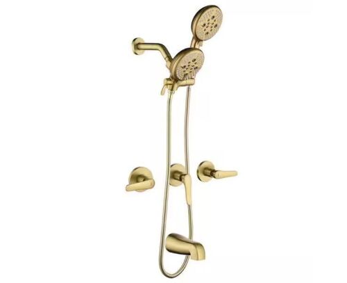 AIMADI Triple Handle 5-Spray Wall Mount Tub and Shower Faucet 1.8 GPM 2-in-1 Shower Faucet Set in Brushed Gold - Lot 141JF