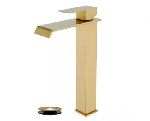 AIMADI Single Handle Waterfall Bathroom Vessel Sink Faucet with Pop-Up Drain Single Hole High Tall Vanity Taps in Brushed Gold - Lot 210JF