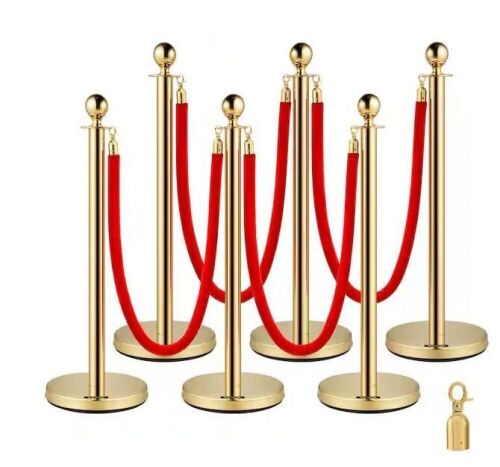 VEVOR 6-Pack Stainless Steel Gold-Colored Stanchion Set with Red Retractable Rope, 38 in. - Lot 143
