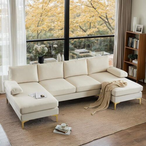 VINGLI 110" Modern U Shaped Sectional Couch with 51"D Double Chaise, Beige Linen - Lot 14
