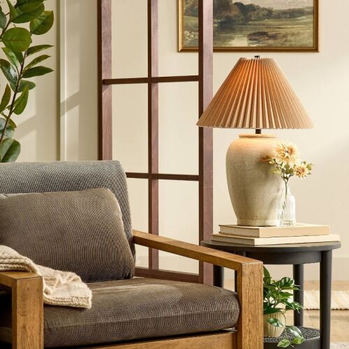 Ceramic Table Lamp Cream with Pleated Fabric Shade - Lot 21WG