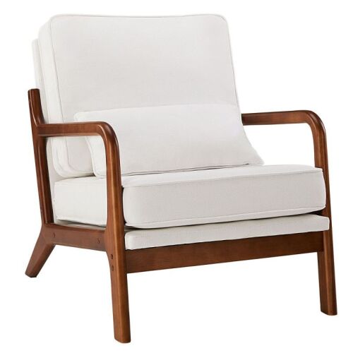 JIONJOY Mid-Century Modern Accent Chair Fabric Upholstered Armchair Wooden Sofa Chair | White - Lot 52WG