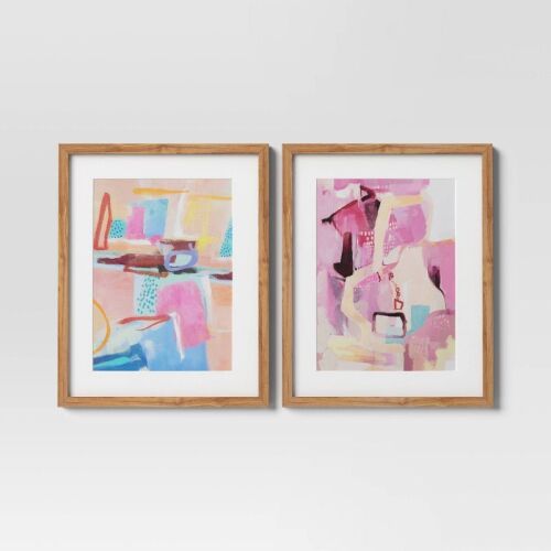 (Set of 2) 16" x 20" Painterly Collage Framed Under Glass Wall Art Prints - 1 frame broken glass - Lot 158wg