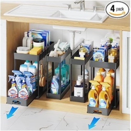 Delamu 4 Pack Under Sink Organizer, 2 Tier, Black - Lot 463