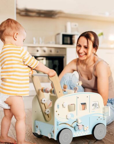 ROBOTIME Wooden Baby Walker, Baby Push Walker, Baby Activity Center Toys, Ajustable Speed Multi-Functional Baby Walker with Wheels for Boys and Girls(Vacaction Bus) - Lot 278