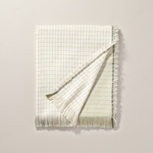 ColorBlock Woven Throw Blanket Tan/Green Hearth&Hand - Lot 595