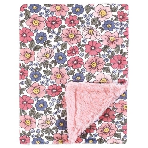 Hudson Baby Girl Plush Blanket with Furry Binding and Back, Pink Blue Pretty Floral  - Lot 603