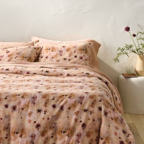 Full/Queen Heavyweight Linen Blend Duvet Cover and Sham Set Pressed Floral Print - Lot 622