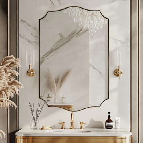 Gold Mirror for Bathroom, Gold Scalloped Bathroom Mirror - Lot 2692
