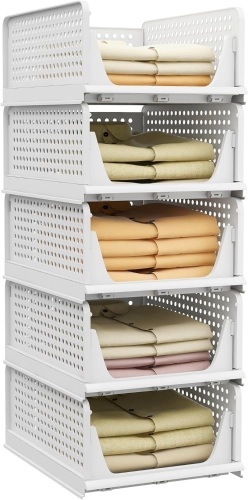 Pinkpum Stackable Plastic Storage Basket-Foldable Closet Organizers and Storage Bins 5 Pack Drawer Shelf Storage Container for Wardrobe Cupboard Kitchen Bathroom Office 5L - Lot 2840