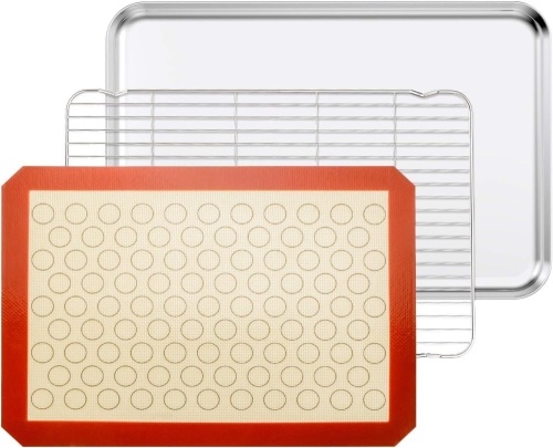 Baking Sheet with Cooling Rack and Silicone Baking Mat, 20 Inch Stainless Steel Bakeware, Healthy & Nontoxic & Rustproof & Easy Clean & Dishwasher Safe - Lot 2993