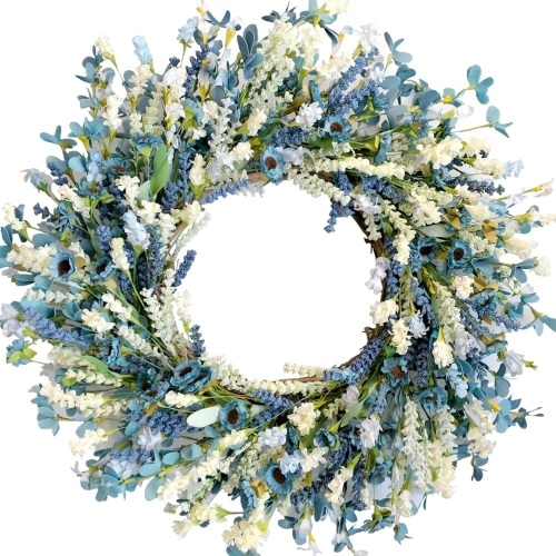 24 Inch Summer Spring Blue Ivory Lavender Flower Wreath for Front Door - Lot 3002