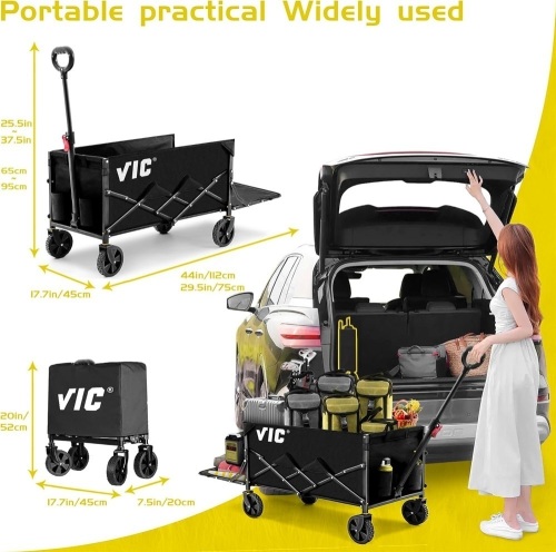 VIC Collapsible Folding Wagon Extra Long Extender Wagon Cart,Beach Wagons Cart Heavy Duty Foldable, Utility Grocery Car with Side Pocket for Camping Garden Sports, V1 - Lot 3017