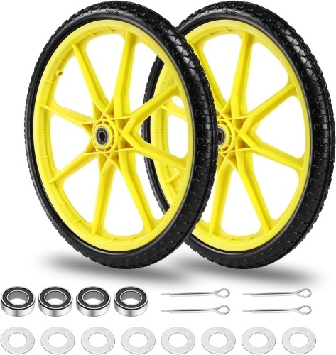 20" Flat Free Tire and Wheel with 3/4" & 5/8" Bearing, Replacement Wheels for Rubbermaid Wheelbarrow,Lawn Carts, Big Wheel Utility Carts and Garden Yard Cart, 2 Pcs Yellow - Lot 3040