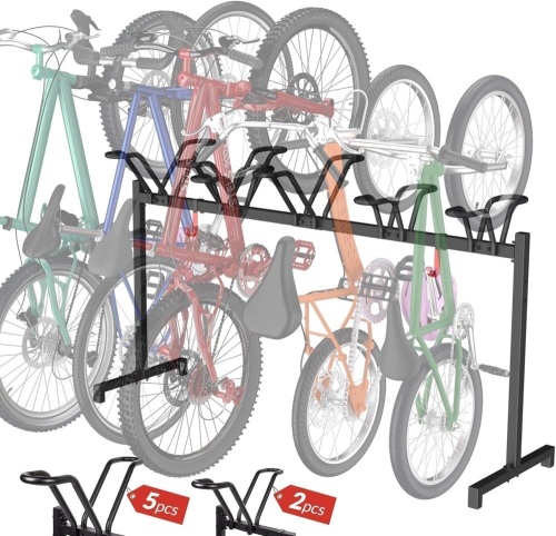 5 Bikes Floor Stand, Adjustable Bicycle Parking Rack with Hook for Garage, Indoor, Outdoor, Free Combination Bike Storage Cycle Rack for Mountain, Road and Kids Bikes, Max Tire Width 2.5” - Lot 3052