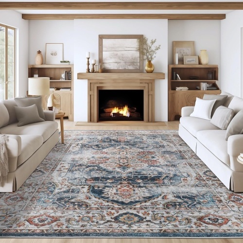 Washable Rug 8x10 Area Rugs for Living Room - Stain Resistant Non-Slip Backing Rugs for Bedroom - Vintage Large Area Rug (Navy, 8'x10') - Lot 3055