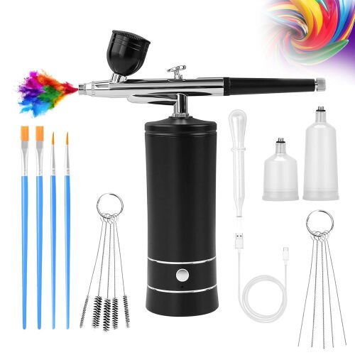 Airbrush-Kit Air Brush Kit With Airbrush Compressor Nail Charms Wireless Air Brush for Barber, Nail Art, Cake Decor, Makeup, Model Painting (Black) - Lot 3090