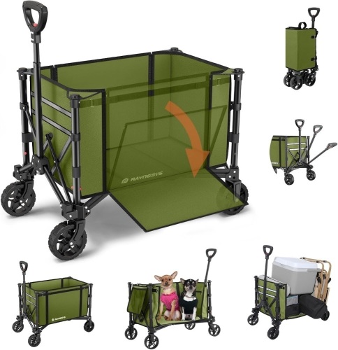 Collapsible Wagon Cart with Wheels 220lbs Foldable Wagon 120L Shopping Cart for Groceries Folding Utility Wagon for Beach, Garden, Camping, Sport, Wheelbarrows, Green - Lot 3057