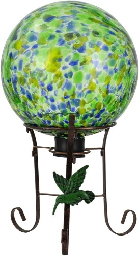 10 Inch Glass Gazing Ball, with 9.4" Tall Metal Gazing Globe Stand, Glass Balls Display Holder Set for Outdoor Garden Lawn Yard Decoration, Bright Summer Burst - Lot 3064