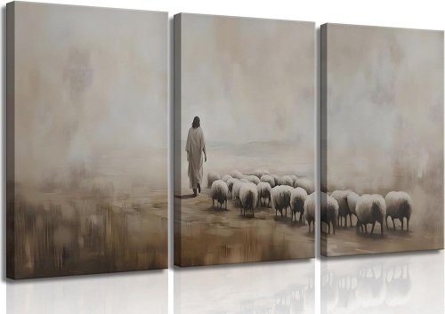 Jesus Shepherd Canvas Wall Art Christian Bible Parable Story Lost Sheep Wall Decor 16x24 - Lot 2938