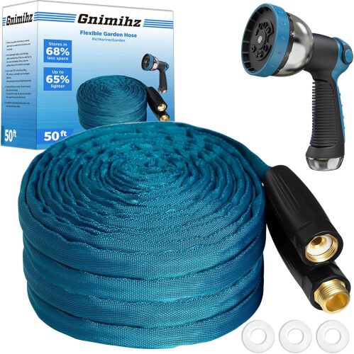 Gnimihz Garden Hose 50ft, Made of TPE(Not PVC), Ultra-Light & Flexible Water Hose with Solid Brass Fittings - Lot 3295